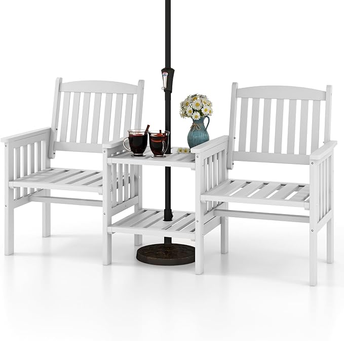 Tangkula Outdoor Wood Loveseat with 2-Tier Side Table and Umbrella Hole - Photo 1