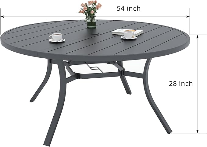 Outdoor Patio Round Dining Table, 54"x 54" Metal Slatted Round Tabletop with Adjustable Umbrella Hole for Deck Lawn Garden Backyard Balcony Deck, Black