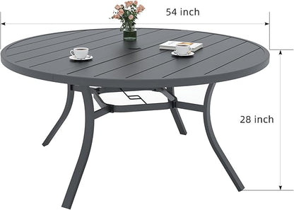 Outdoor Patio Round Dining Table, 54"x 54" Metal Slatted Round Tabletop with Adjustable Umbrella Hole for Deck Lawn Garden Backyard Balcony Deck, Black
