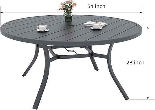Outdoor Patio Round Dining Table, 54"x 54" Metal Slatted Round Tabletop with Adjustable Umbrella Hole for Deck Lawn Garden Backyard Balcony Deck, Black