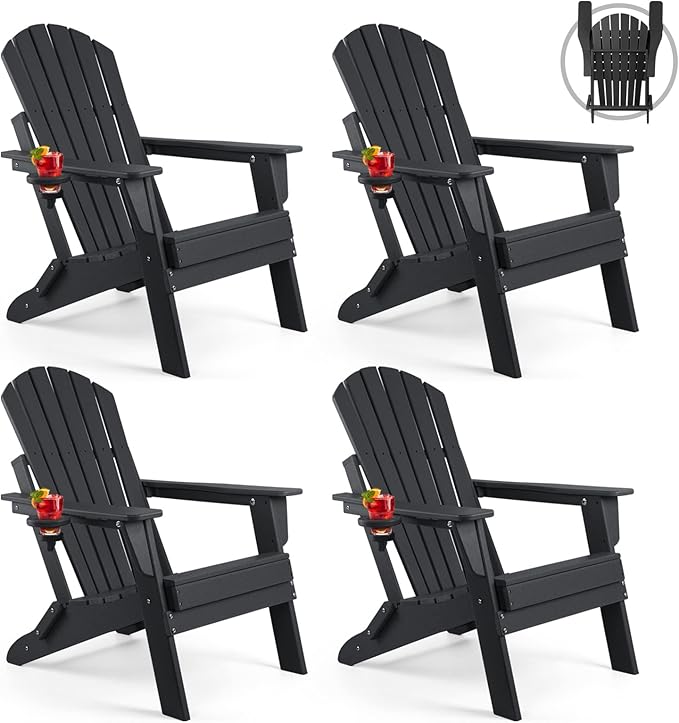 FUNBERRY Folding Adirondack Chair Set of 4, All Weather HDPE Fire Pit Chairs with Cup Holder for Outdoor - Photo 1