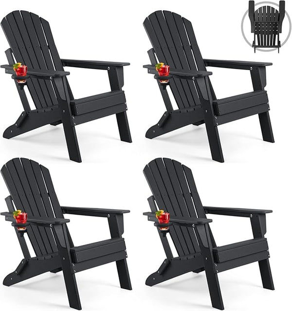 FUNBERRY Folding Adirondack Chair Set of 4, All Weather HDPE Fire Pit Chairs with Cup Holder for Outdoor - Photo 1