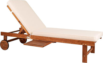 JONATHAN Y PAT1003A Seabrook 69 x 24 Inch Outdoor Acacia Wood Lounger with Cushion, 5-Position Back, Slide Table & Wheels for Garden, Lawn, Backyard, Pool, Deck, Beach, Firepit, Light Brown