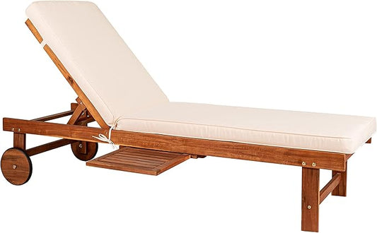 JONATHAN Y PAT1003A Seabrook 69 x 24 Inch Outdoor Acacia Wood Lounger with Cushion, 5-Position Back, Slide Table & Wheels for Garden, Lawn, Backyard, Pool, Deck, Beach, Firepit, Light Brown