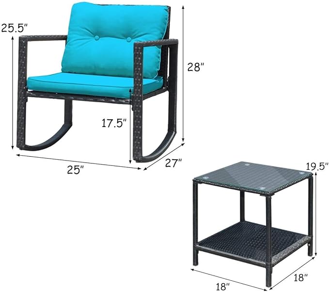 HAPPYGRILL 3-Piece Rocking Bistro Set Outdoor Patio Furniture Rattan Wicker Conversation Set with Rocking Chairs and - Photo 7