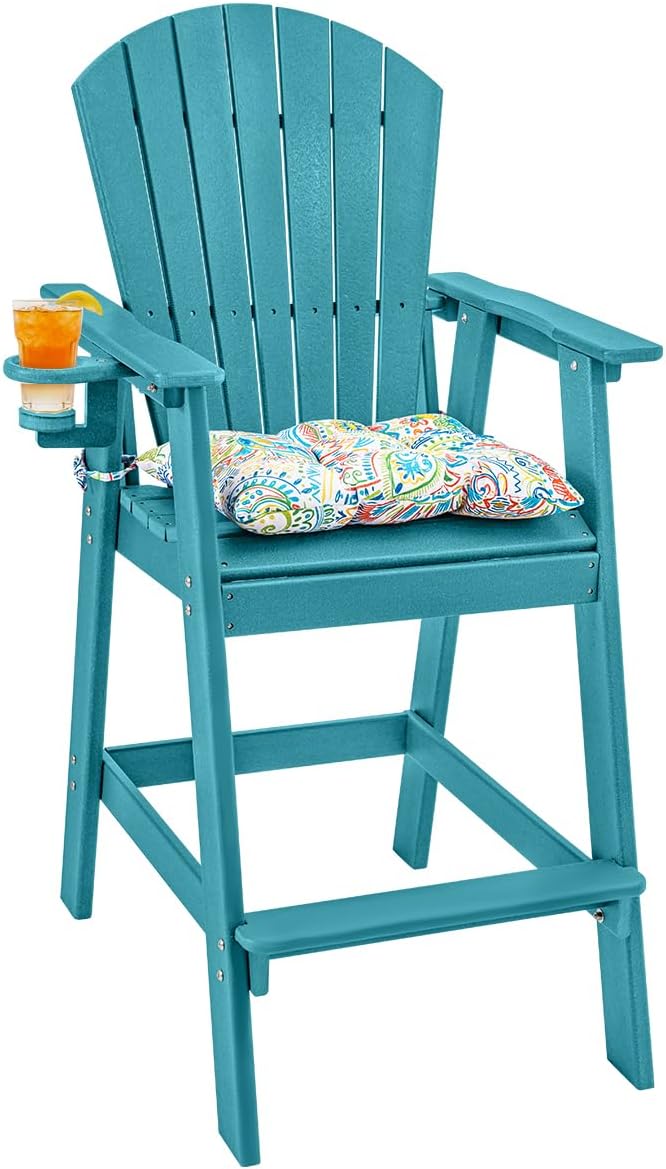 Sundale Outdoor Adirondack Bar Stool, Patio HDPE Bar Chair with Backrest, 30 Inch Seat Height Tall Bistro Dining Counter Stool with Cushion, All-Weather Pub Height Chair
