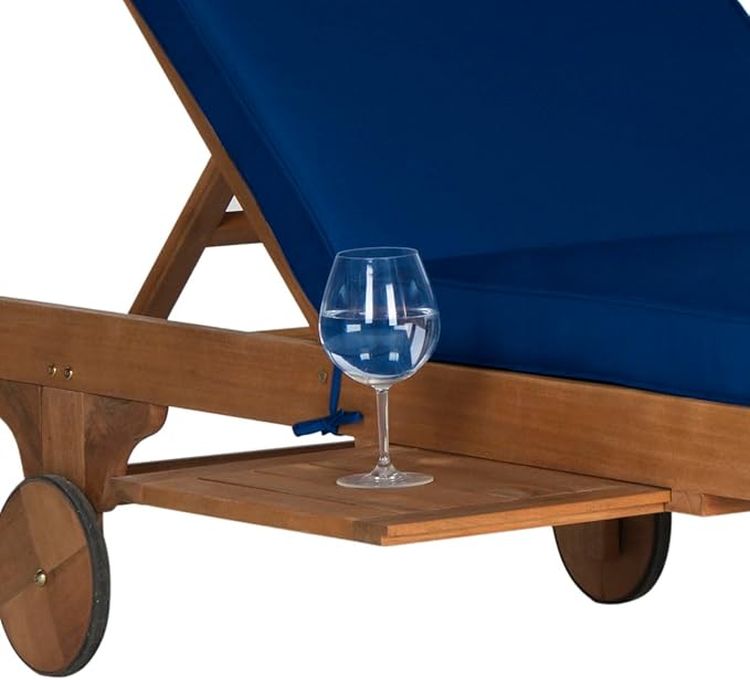 SAFAVIEH Outdoor Collection Newport Natural/ Navy Cushion Built-in Side Table Adjustable Chaise Lounge Chair