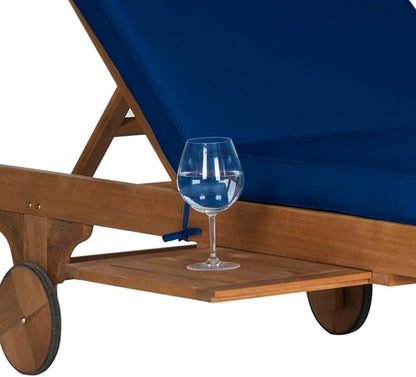 SAFAVIEH Outdoor Collection Newport Natural/ Navy Cushion Built-in Side Table Adjustable Chaise Lounge Chair