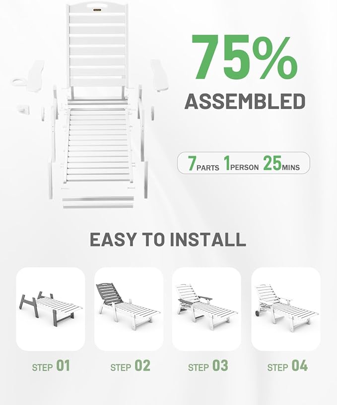 Lounge Chair Outdoor, Chaise Lounge Outdoor, HDPE 6-Position Lounge Chair for Outside - Photo 8