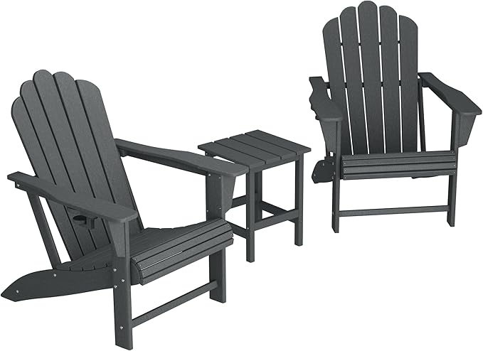 Costaelm Lakeview 3-Piece Outdoor Patio HDPE Adirondack Chair with Cup Holder and Table Set, Gray