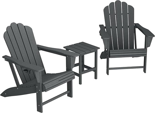Costaelm Lakeview 3-Piece Outdoor Patio HDPE Adirondack Chair with Cup Holder and Table Set, Gray