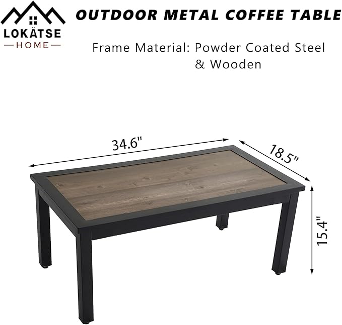 LOKATSE HOME Outdoor Coffee Table Patio Retangle Metal Side Dining Furniture with Wood Grain Top for Balcony, Porch, Deck
