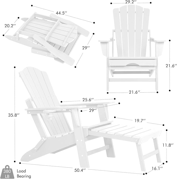 Folding Adirondack Chair with Retractable Ottoman Set of 2, All Weather Fire Pit Chairs with Cup Holder, Outdoor Chair with Ottoman,White
