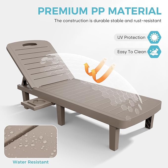 Outdoor Chaise Lounge Set of 2, 5-Position Adjustable Sun Lounge w/Pull-Out Tray, Waterproof PP Lounge Chairs for Outside, Lounge Chairs for Poolside, Patio, Beach, Yard in All Weather,Taupe