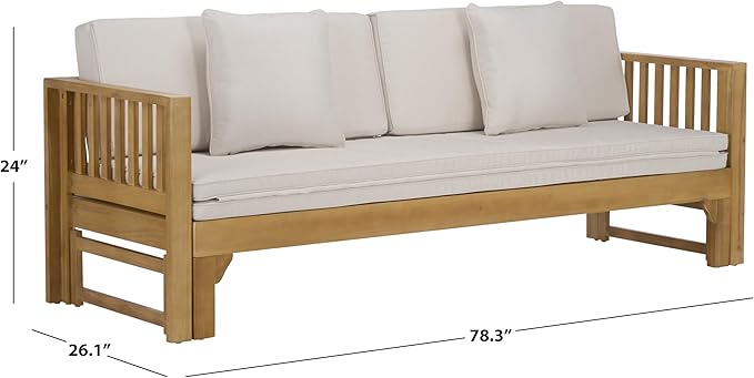 SAFAVIEH Outdoor Patio Furniture Collection - Napoli Oak Brown & Cream Solid Wood Bench Convertible Daybed with Cushions, Versatile Patio Seating (PAT6805B)