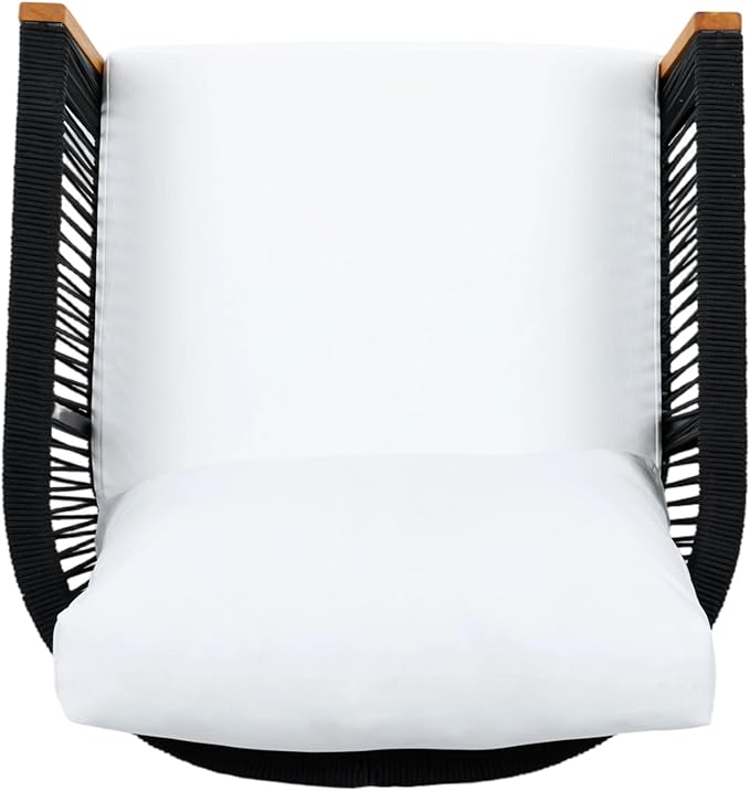 Christopher Knight Home Gunar Outdoor Metal & Acacia Wood Frame Swivel Accent Chair with Cushion, 360° Rotating Lounge Chair Outdoor with Rope Accent, Outdoor Swivel Chair, Black + Light Beige