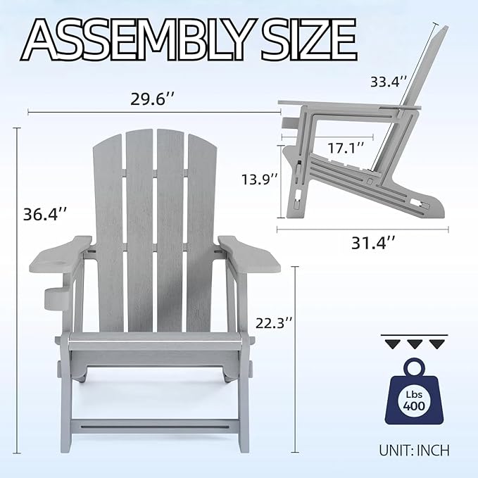 FONTOI Adirondack Chair, Plastic Adirondack Chair with Cup Holder, Outdoor Weather Resistant Lawn Furniture, 400 LBS Capacity Recliner, Garden Backyard Patio Without Screws Install, Grey