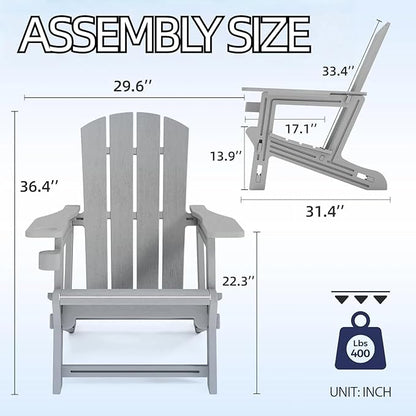 FONTOI Adirondack Chair, Plastic Adirondack Chair with Cup Holder, Outdoor Weather Resistant Lawn Furniture, 400 LBS Capacity Recliner, Garden Backyard Patio Without Screws Install, Grey