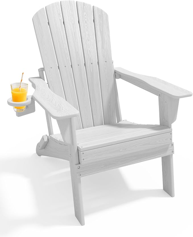Oversized Folding Adirondack Chair - HDPE All-Weather Outdoor Chair with Cup Holder, 380LB Weight Capacity, UV Protected, White