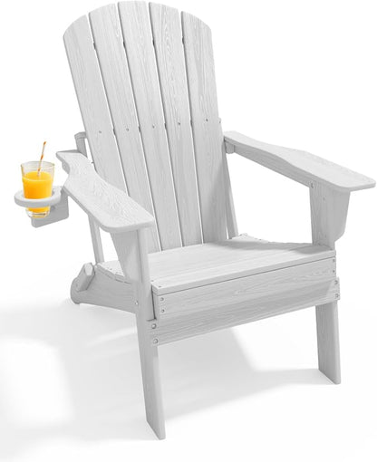 Oversized Folding Adirondack Chair - HDPE All-Weather Outdoor Chair with Cup Holder, 380LB Weight Capacity, UV Protected, White