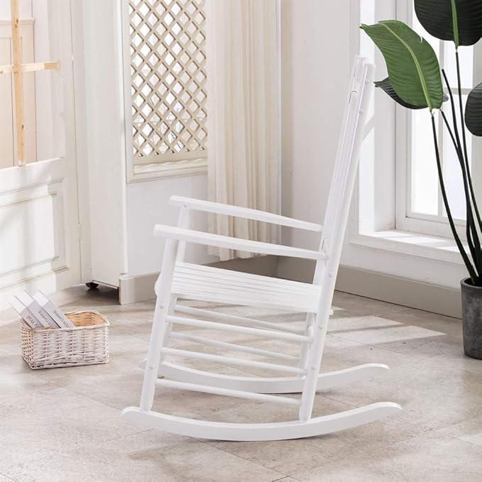 Outdoor Patio Rocking Chair Furniture Comfy Rocker for Adults Porch Balcony Garden Indoor Outside Wooden, White