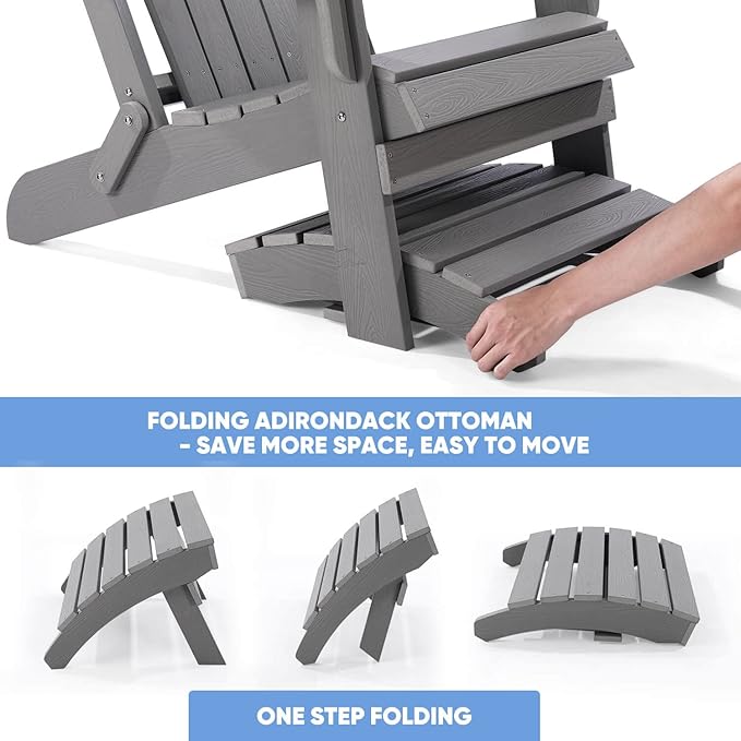 Adirondack Ottoman Set of 4, Plastic Folding Adirondack Footstool, All Weather Ottoman for Adirondack Chairs, Widely Used for Outdoor, Porch, Patio, Garden, Poolside, Fire Pits - Grey