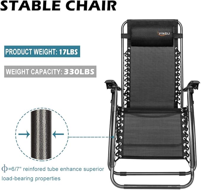 VINGLI Upgraded Zero Gravity Chair Set of 2 Lounge Outdoor Chairs with Trays and Pillows - Photo 4