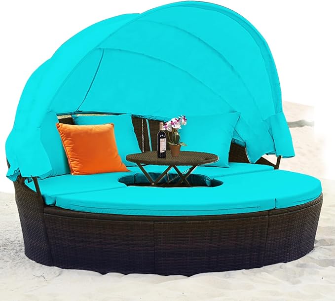 HAPPYGRILL Patio Round Daybed with Canopy, Outdoor Wicker Rattan Sectional Sofa with Coffee Table, Cushions - Photo 1