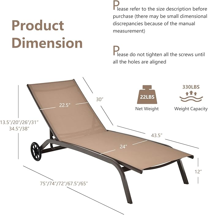 Tangkula Outdoor Chaise Lounge Chair, Patio Lounge Recliner with 6-Position Adjustable Backrest, Breathable Fabric and Smooth Wheels, Outdoor Lounge Chair (2, Brown)