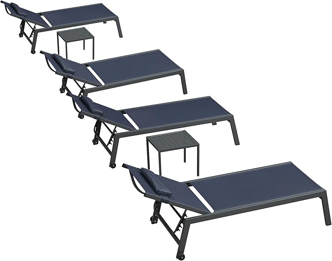 PURPLE LEAF Outdoor Oversized Lounge Chair Set Patio Chaise Pool Lounger Aluminum Frame with 2 Side Table and Wheels for Outside Sunbathing Tanning Recliner Including Pillows Navy Blue