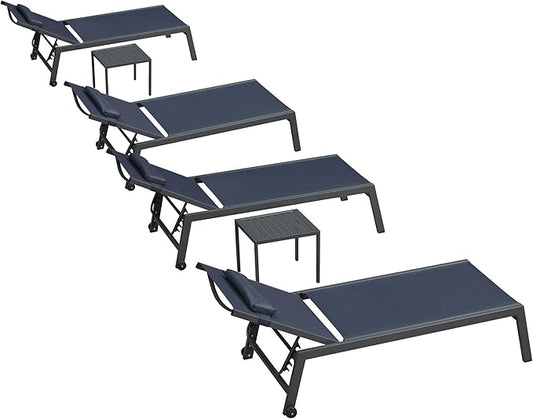 PURPLE LEAF Outdoor Oversized Lounge Chair Set Patio Chaise Pool Lounger Aluminum Frame with 2 Side Table and Wheels for Outside Sunbathing Tanning Recliner Including Pillows Navy Blue