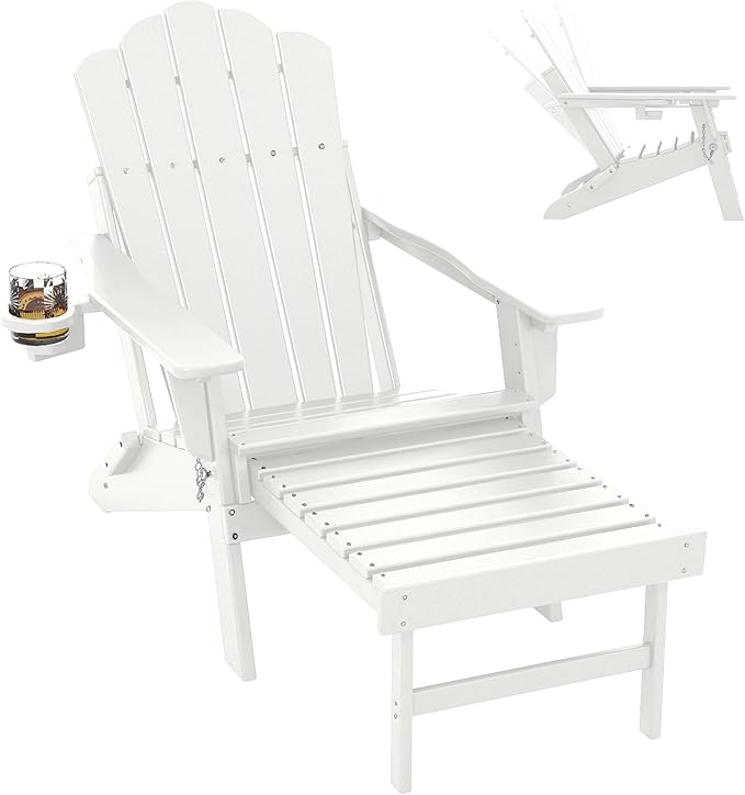 FOOWIN Adjustable Adirondack Chair with Retractable Ottoman, Folding Adirondack Chair with Cup Holder, HDPE All-Weather Fire Pit Chair for Patio, Yard, Poolside, White