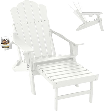 FOOWIN Adjustable Adirondack Chair with Retractable Ottoman, Folding Adirondack Chair with Cup Holder, HDPE All-Weather Fire Pit Chair for Patio, Yard, Poolside, White