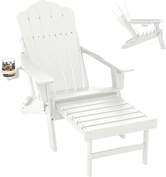 FOOWIN Adjustable Adirondack Chair with Retractable Ottoman, Folding Adirondack Chair with Cup Holder, HDPE All-Weather Fire Pit Chair for Patio, Yard, Poolside, White