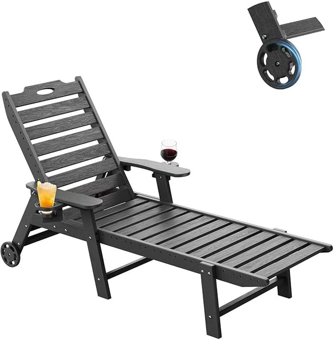 Carauci Lounge Chair Outdoor, HDPE Chaise Lounge with Wheels - Photo 1