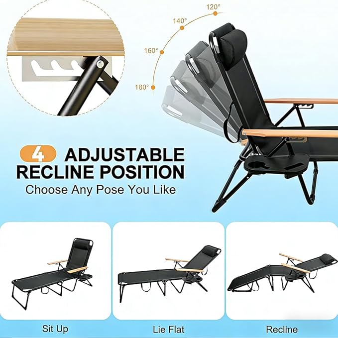 Folding Outdoor Chaise Lounge Chair with Arms, 4 Position Sunbathing Lounge Chair with Shade, Sun Tanning Chairs for Outside Portable with Cup Holders for Beach Patio Camping Poolside Yard (Black- B)