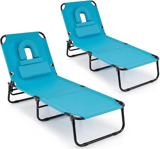 Giantex Folding Beach Tanning Chair - Adjustable Patio Lounge Chair w/Face Hole, Removable Pillows, Carry Strap, Layout Chair, Sunbathing Chaise Lounge Outdoor for Poolside Yard Lawn (2, Turquoise)