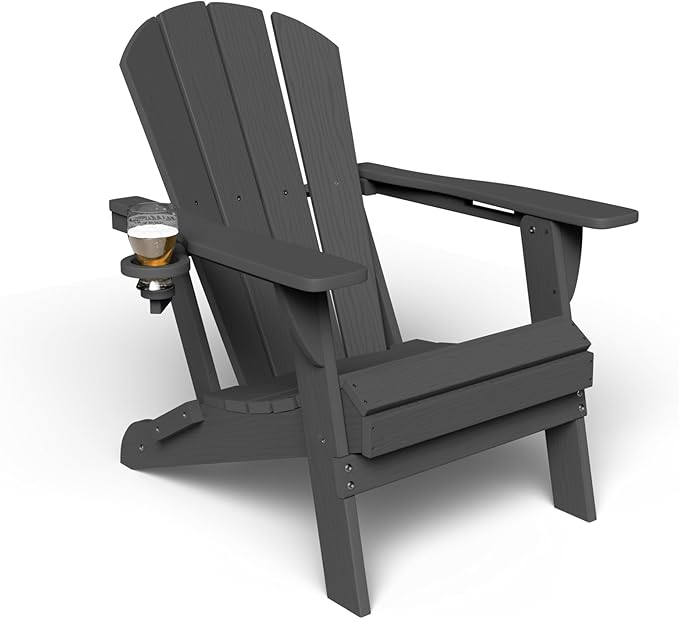 Kingdura Foldable Adirondack Chair, Portable HDPE All Weather Resistant Outdoor Patio Chair, Wooden Textured with Cup Holder, 380LBS Capacity for Poolside, Backyard, Deck, Fire Pit (Black)