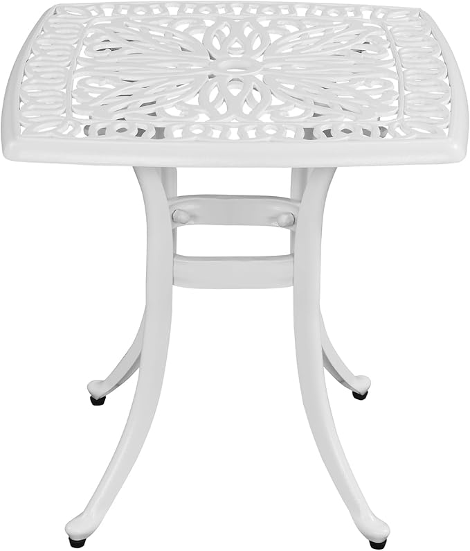Cast Aluminum Square Table with 1.6 inch Umbrella Hole, Outdoor Patio End Side Table, Cocktail Coffee Bistro Table Weather Resistance, Adjustable Foot Pads for Garden, Porch, Balcony White