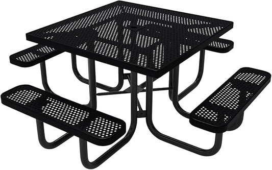 COATEDOUTDOORFURNITURE Heavy-Duty Portable Outdoor Picnic Table with Umbrella Hole, Punched Steel Commercial-Grade Patio Dining Furniture Made in America (46" Square Top, Black)