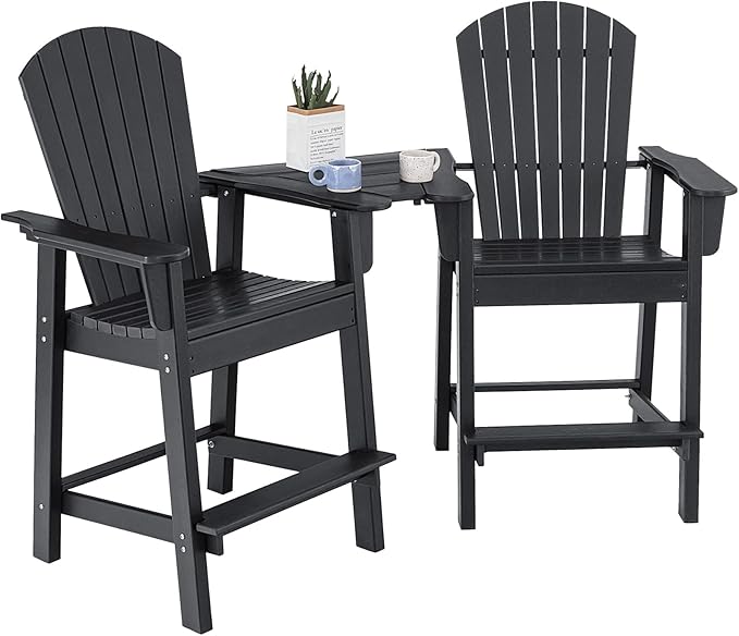 Giantex Tall Adirondack Chair Set of 2 - Outdoor HDPE Barstools w/Middle Connecting Tray & Umbrella Hole, Counter Height Bar Chair, Weather Resistant, Ideal for Patio, Backyard, Poolside (Black)