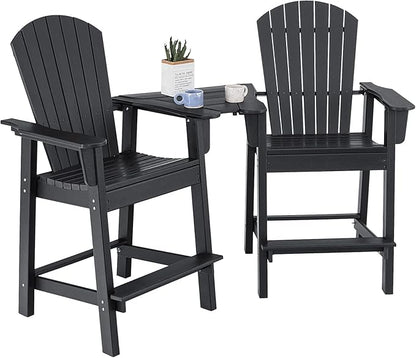 Giantex Tall Adirondack Chair Set of 2 - Outdoor HDPE Barstools w/Middle Connecting Tray & Umbrella Hole, Counter Height Bar Chair, Weather Resistant, Ideal for Patio, Backyard, Poolside (Black)