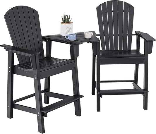 Giantex Tall Adirondack Chair Set of 2 - Outdoor HDPE Barstools w/Middle Connecting Tray & Umbrella Hole, Counter Height Bar Chair, Weather Resistant, Ideal for Patio, Backyard, Poolside (Black)