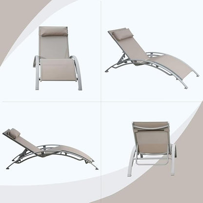 Domi Pool Lounge Chairs Set of 2, Adjustable Aluminum Outdoor Chaise Lounge Chairs, All Weather for Deck Lawn Poolside Backyard -Beige Textilene