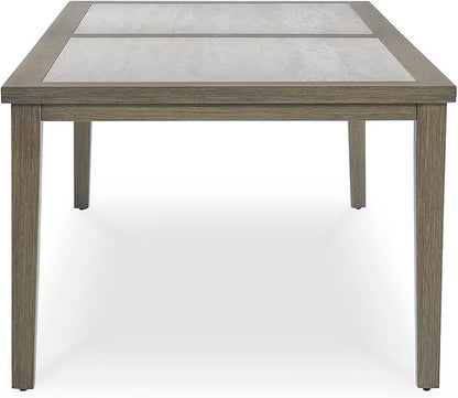 Signature Design by Ashley Rainier Ranch Contemporary Sintered Stone Tabletop Outdoor Dining Table with 4 Legs, Light Brown & Beige