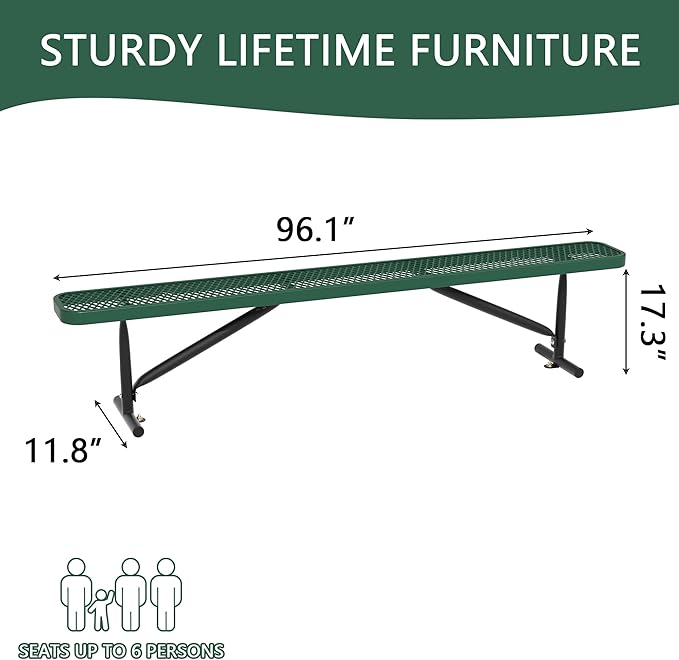 8FT Metal Park Bench for Outside, All-Weather Thermoplastic Coating Outdoor Bench with Anchor, Commercial Heavy Duty Benches for Shopping Malls, Stores, Parks, Patios, Decks, Green