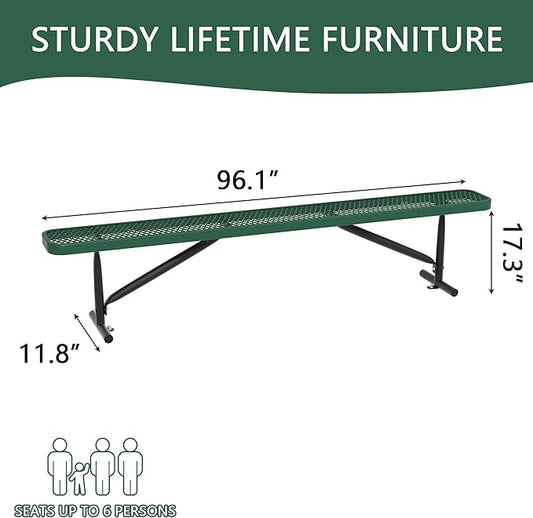 8 Ft Metal Park Benches for Outside, Outdoor Backless Bench with Thermoplastic Coating, Portable Frame, Commercial Expanded Metal Mesh Bench for Shopping Mall, Store, Park, Patio, Deck, Green