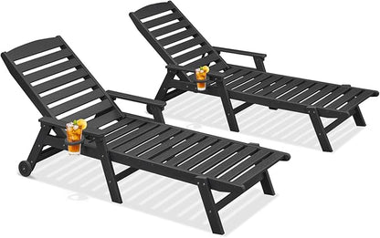 HDPE Patio Lounge Chair Set of 2, 78.4'' Outdoor Poly Lounge Chairs, 5-Position Adjustable Outdoor Lounger with Wheels & Cup Holder, HDPE Patio Chaise Lounges for Deck, Beach, Obsidian