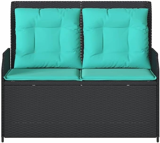 BOWERY HILL Contemporary Reclining Patio Bench, Black and Turquoise Finish, Synthetic Poly Rattan, Adjustable Backrest, Weather-Resistant Cushions, 2-Seater Outdoor Bench for Garden or Balcony Use