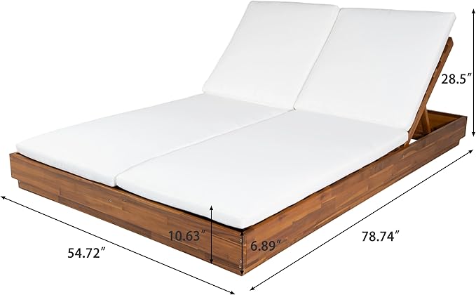 Christopher Knight Home Toridan Double Chaise Lounge Outdoor with Cushion, Acacia Wood Patio Chaise Lounge Set of 2, Adjustable Backrest Poolside Sun Lounger, Wood Sunbathing Chair, Teak+White